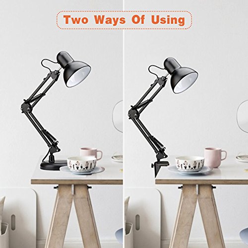 PowerKing Metal Swing Arm Desk Lamps, Adjustable and Flexible, Feading with Base and Clip 2-in-1 Function, Fit E26&E27 Bulbs Base, Application in Bedroom Living Room, Office Home (Black)