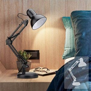 PowerKing Metal Swing Arm Desk Lamps, Adjustable and Flexible, Feading with Base and Clip 2-in-1 Function, Fit E26&E27 Bulbs Base, Application in Bedroom Living Room, Office Home (Black)