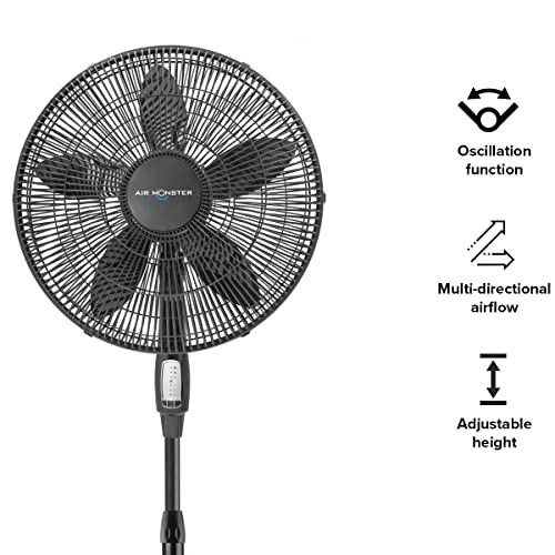 Air Monster 15732-R 18-Inch Diameter 3-Speed Adjustable Height Oscillating Pedestal Fan with Remote Control and 7.5 Hour Timer, Black