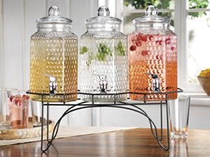 elegant home (3) 1 gallon each quality ice cold clear hammered glass jug beverage dispensers hermetic seal metal display with easy fill spigot- great for outdoors, parties, bars & daily use