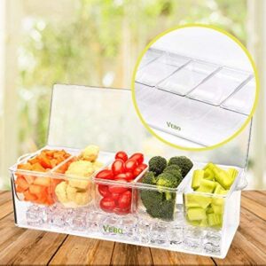 VEBO Ice Chilled 5 Compartment Condiment Server Caddy - Serving Tray Container with 5 Removable Dishes with over 2 Cup Capacity Each and Hinged Lid | 3 Serving Spoons + 3 Tongs Included