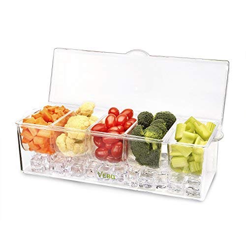 VEBO Ice Chilled 5 Compartment Condiment Server Caddy - Serving Tray Container with 5 Removable Dishes with over 2 Cup Capacity Each and Hinged Lid | 3 Serving Spoons + 3 Tongs Included