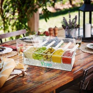 VEBO Ice Chilled 5 Compartment Condiment Server Caddy - Serving Tray Container with 5 Removable Dishes with over 2 Cup Capacity Each and Hinged Lid | 3 Serving Spoons + 3 Tongs Included