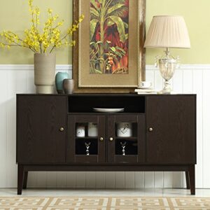 mixcept 60" modern solid wood sideboard buffet table storage cabinet tall console table with 4 doors, espresso