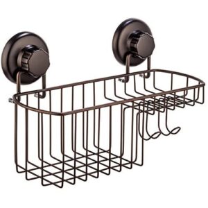 hasko accessories - powerful vacuum suction cup shower caddy basket for shampoo - combo organizer basket with soap holder and hooks - stainless steel holder for bathroom storage (bronze)