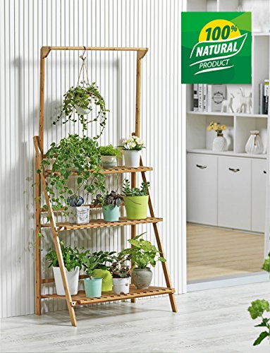 COPREE Bamboo 3-Tier Hanging Plant Stand Planter Shelves Flower Pot Organizer Rack Folding Display Shelving Plants Shelf Unit Holder