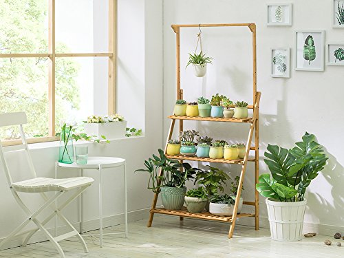 COPREE Bamboo 3-Tier Hanging Plant Stand Planter Shelves Flower Pot Organizer Rack Folding Display Shelving Plants Shelf Unit Holder