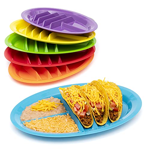 Jarratt Industries Fiesta Taco Serving Plates, Serving Trays with Stand Up Taco Holder, Plastic Plate Set for Soft and Hard Shell Tacos, Use for Taco Nights and Taco Bar, Microwave Safe, Set of 6