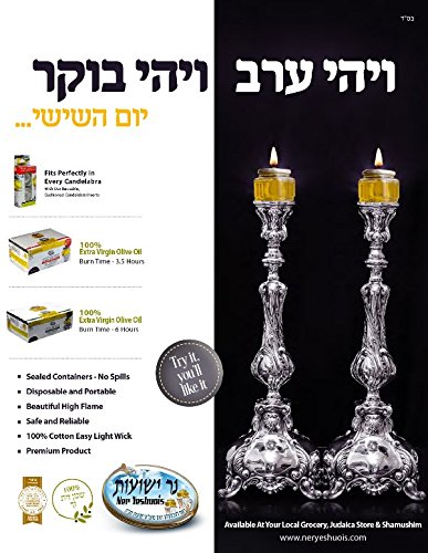 SHABBOS OIL CANDLE LIGHT. Pre-Filled (for quick lighting) Beautiful High Flame, (throughout the entire time) SEALED, NO SPIL, NO MESS, 100% Extra Virgin Olive Oil Burns Approx. 6 Hrs 22 per pack