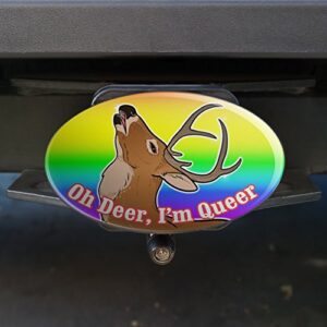 Oh Deer I'm Queer Rainbow Pride Gay Lesbian Funny Oval Tow Trailer Hitch Cover Plug Insert