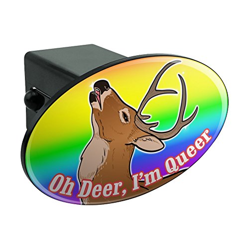 Oh Deer I'm Queer Rainbow Pride Gay Lesbian Funny Oval Tow Trailer Hitch Cover Plug Insert