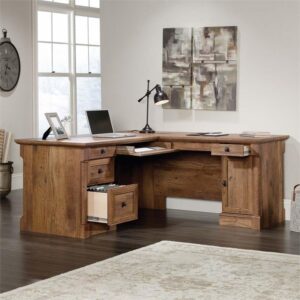 Pemberly Row Home Office L Shaped Corner Desk with Computer Tower Storage and Letter/Legal File Drawer, Vintage Oak