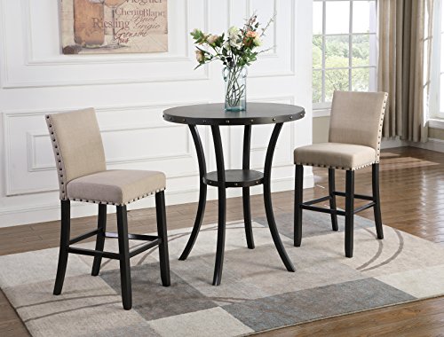 Roundhill Furniture Biony 3 Piece Set - 36" Round Espresso Bar Table with Nail Head Stools, Tan