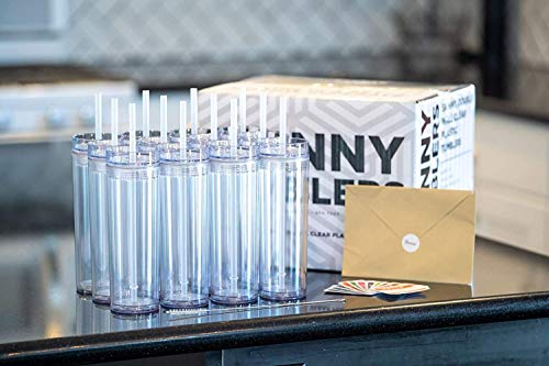 STRATA CUPS SKINNY TUMBLERS 12 Clear Acrylic Tumblers with Lids and Straws | Skinny, 16oz Double Wall Clear Plastic Tumblers With FREE Straw Cleaner & Name Tags! Reusable Cup With Straw (Clear, 12)