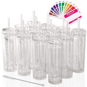 strata cups skinny tumblers 12 clear acrylic tumblers with lids and straws | skinny, 16oz double wall clear plastic tumblers with free straw cleaner & name tags! reusable cup with straw (clear, 12)
