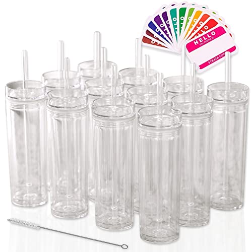 STRATA CUPS SKINNY TUMBLERS 12 Clear Acrylic Tumblers with Lids and Straws | Skinny, 16oz Double Wall Clear Plastic Tumblers With FREE Straw Cleaner & Name Tags! Reusable Cup With Straw (Clear, 12)