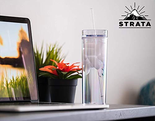 STRATA CUPS SKINNY TUMBLERS 12 Clear Acrylic Tumblers with Lids and Straws | Skinny, 16oz Double Wall Clear Plastic Tumblers With FREE Straw Cleaner & Name Tags! Reusable Cup With Straw (Clear, 12)