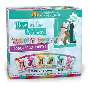 weruva dogs in the kitchen, variety pack, pooch pouch party!, wet dog food, 2.8oz pouches (pack of 12)