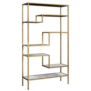versanora teamson home marmo faux marble top metal frames 5 tier modern bookcase display rack accent furniture with open shelf storage for living room home office bedroom, 72 inch height, brass