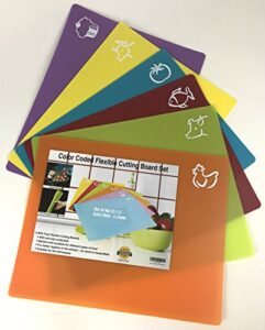 set of 6 color coded flexible plastic cutting boards for kitchen with food logos (12x15") - bpa free, anti-slip