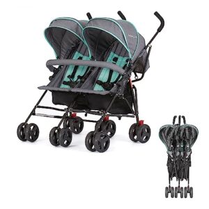 dream on me volgo twin umbrella stroller in mint, lightweight double stroller for infant & toddler, compact easy fold, large storage basket, large and adjustable canopy