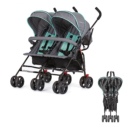 Dream On Me Volgo Twin Umbrella Stroller in Mint, Lightweight Double Stroller for Infant & Toddler, Compact Easy Fold, Large Storage Basket, Large and Adjustable Canopy