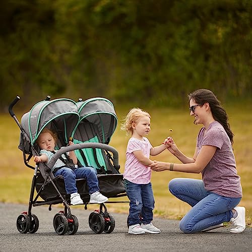 Dream On Me Volgo Twin Umbrella Stroller in Mint, Lightweight Double Stroller for Infant & Toddler, Compact Easy Fold, Large Storage Basket, Large and Adjustable Canopy