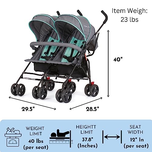 Dream On Me Volgo Twin Umbrella Stroller in Mint, Lightweight Double Stroller for Infant & Toddler, Compact Easy Fold, Large Storage Basket, Large and Adjustable Canopy