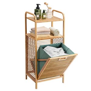 giantex laundry hamper tilt-out laundry linen hamper bamboo freestanding clothes basket w/shelf & removable liner, storage laundry shelf for bathroom living room bedroom, 16’’x13’’x37.5’’(l x w x h)