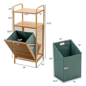 Giantex Laundry Hamper Tilt-Out Laundry Linen Hamper Bamboo Freestanding Clothes Basket W/Shelf & Removable Liner, Storage Laundry Shelf for Bathroom Living Room Bedroom, 16’’x13’’x37.5’’(L x W x H)