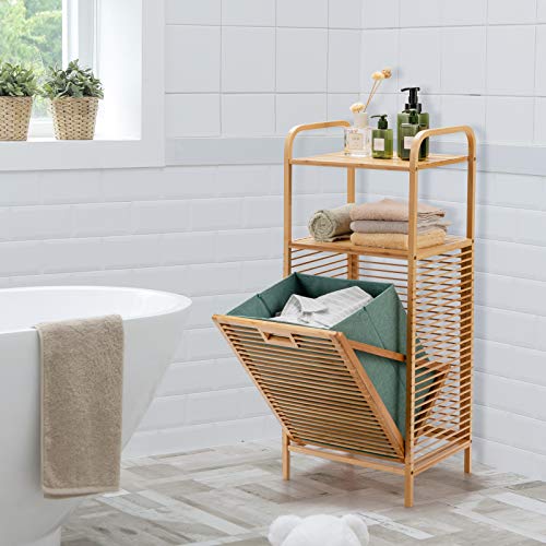 Giantex Laundry Hamper Tilt-Out Laundry Linen Hamper Bamboo Freestanding Clothes Basket W/Shelf & Removable Liner, Storage Laundry Shelf for Bathroom Living Room Bedroom, 16’’x13’’x37.5’’(L x W x H)