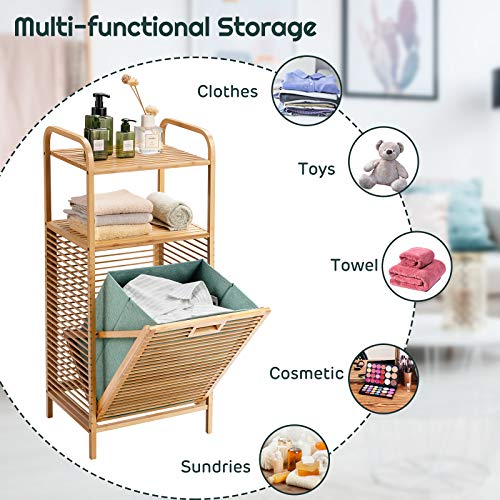 Giantex Laundry Hamper Tilt-Out Laundry Linen Hamper Bamboo Freestanding Clothes Basket W/Shelf & Removable Liner, Storage Laundry Shelf for Bathroom Living Room Bedroom, 16’’x13’’x37.5’’(L x W x H)