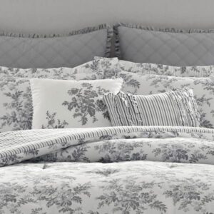 Laura Ashley Home - Queen Comforter Set, Reversible Cotton Bedding, Includes Matching Shams with Bonus Euro Shams & Throw Pillows (Annalise Grey, Queen), Shadow Grey/White