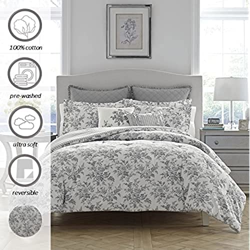 Laura Ashley Home - King Comforter Set, Reversible Cotton Bedding, Includes Matching Shams with Bonus Euro Shams & Throw Pillows (Annalise Grey, King)