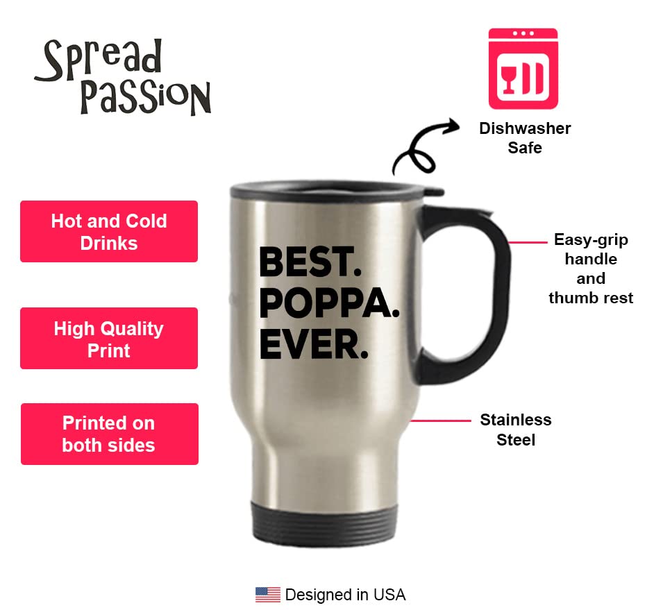 SpreadPassion Poppa Travel Mug - Best Poppa Ever - Gifts From Baby Kids Adults Grandchildren Grand kids