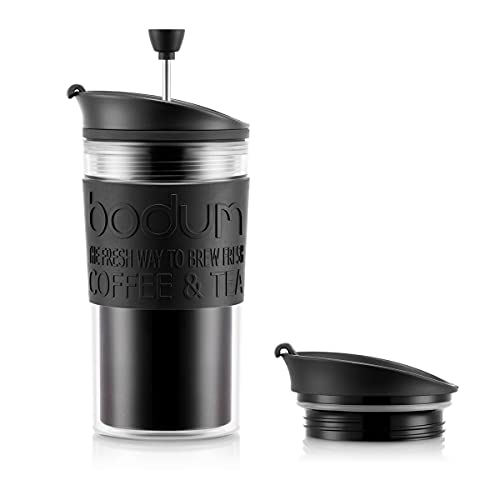 Bodum Insulated 11102-01s Piston Cup with Hinged Lid, 0.35 Litre, Black, Transparent, Plastic, 8.9 cm