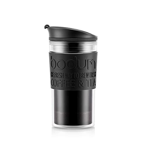 Bodum Insulated 11102-01s Piston Cup with Hinged Lid, 0.35 Litre, Black, Transparent, Plastic, 8.9 cm