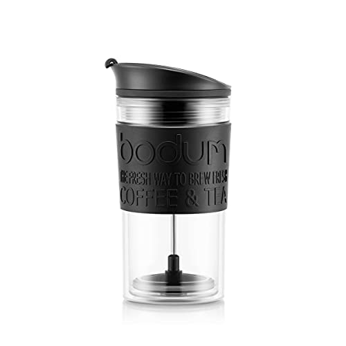 Bodum Insulated 11102-01s Piston Cup with Hinged Lid, 0.35 Litre, Black, Transparent, Plastic, 8.9 cm