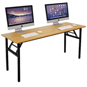 dlandhome 62 inches large home office computer desk, no install needed, composite wood board, folding dining table/workstation, 62 inches teak and black legs, 1 pack