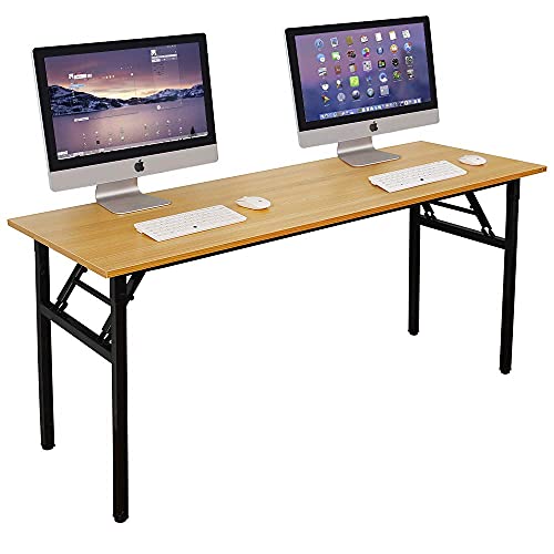 DlandHome 62 Inches Large Home Office Computer Desk, No Install Needed, Composite Wood Board, Folding Dining Table/Workstation, 62 Inches Teak and Black Legs, 1 Pack