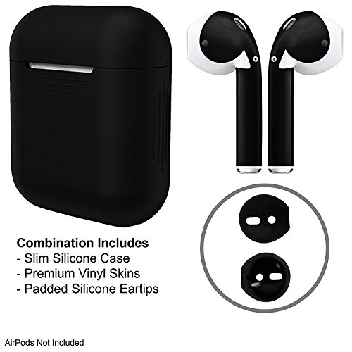 AirPod Skins, Silicone Charging Case Cover, Eartips Bundle (Matte Black)