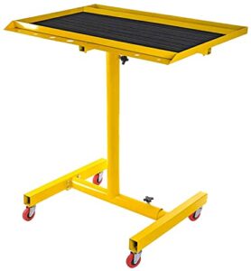 jegs 200 lbs capacity rolling work table - height adjustable 33 inches to 48 inches - rolling tool tray uses four 2.5” caster wheels - includes one tool tray table liner - yellow powder coated steel