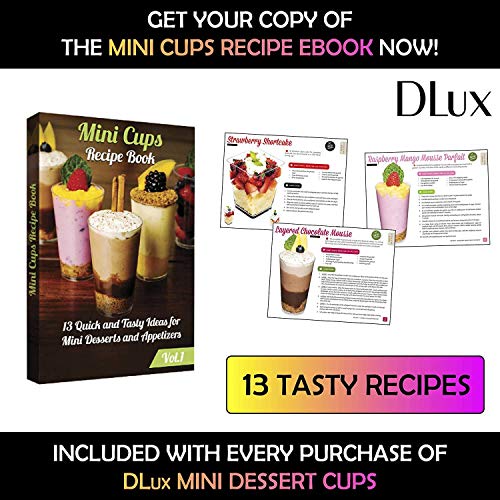 DLux 100 x 3 oz Mini Dessert Cups with Spoons, Shooter - Clear Plastic Parfait Appetizer Cup - Small Reusable Shooter Glass for Tasting Party Shooters Desserts Appetizers - With Recipe Ebook