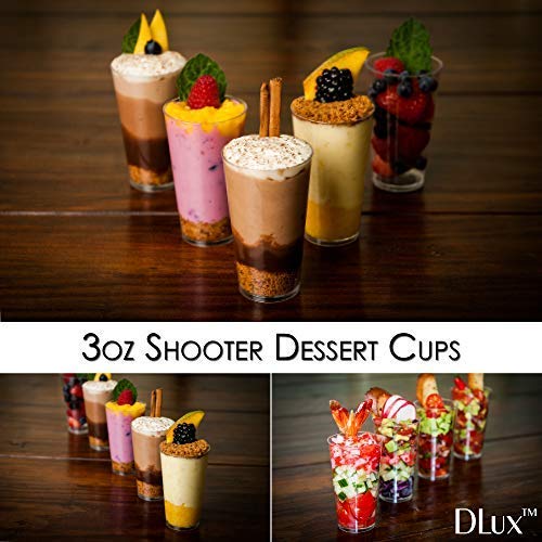 DLux 100 x 3 oz Mini Dessert Cups with Spoons, Shooter - Clear Plastic Parfait Appetizer Cup - Small Reusable Shooter Glass for Tasting Party Shooters Desserts Appetizers - With Recipe Ebook