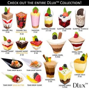 DLux 100 x 3 oz Mini Dessert Cups with Spoons, Shooter - Clear Plastic Parfait Appetizer Cup - Small Reusable Shooter Glass for Tasting Party Shooters Desserts Appetizers - With Recipe Ebook