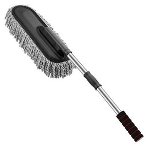 moko car duster, multipurpose car wash brush exterior and interior microfiber duster with extendable handle for cleaning - grey