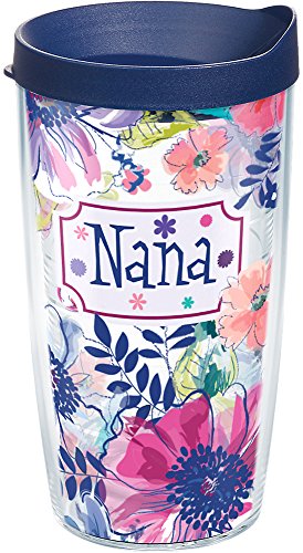 Tervis Blue Line Floral Nana Plastic Tumbler with Wrap and Navy Lid 16oz, Clear