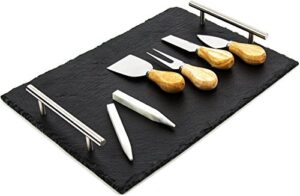 slate cheese board set - deluxe cheese serving tray with stainless steel handles - includes 4 cheese knives and 2 soapstone chalks - great for home & restaurant cheese tapas & appetizers serving