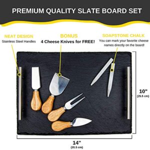 Slate Cheese Board Set - Deluxe Cheese Serving Tray with Stainless Steel Handles - Includes 4 Cheese Knives and 2 Soapstone Chalks - Great for Home & Restaurant Cheese Tapas & Appetizers Serving