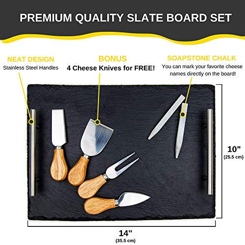 Slate Cheese Board Set - Deluxe Cheese Serving Tray with Stainless Steel Handles - Includes 4 Cheese Knives and 2 Soapstone Chalks - Great for Home & Restaurant Cheese Tapas & Appetizers Serving